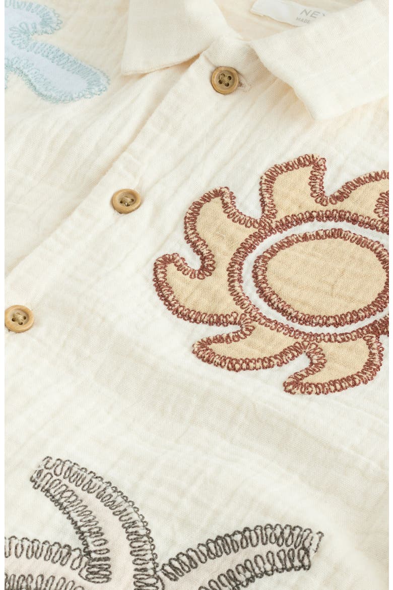 Kids' Beach Embroidered Short Sleeve Cotton Button-Up Shirt, Alternate, color, NEUTRAL