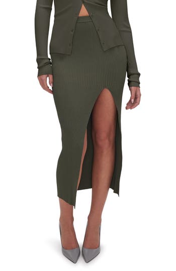 Good American Shine Ribbed Slit Midi Skirt In Brown