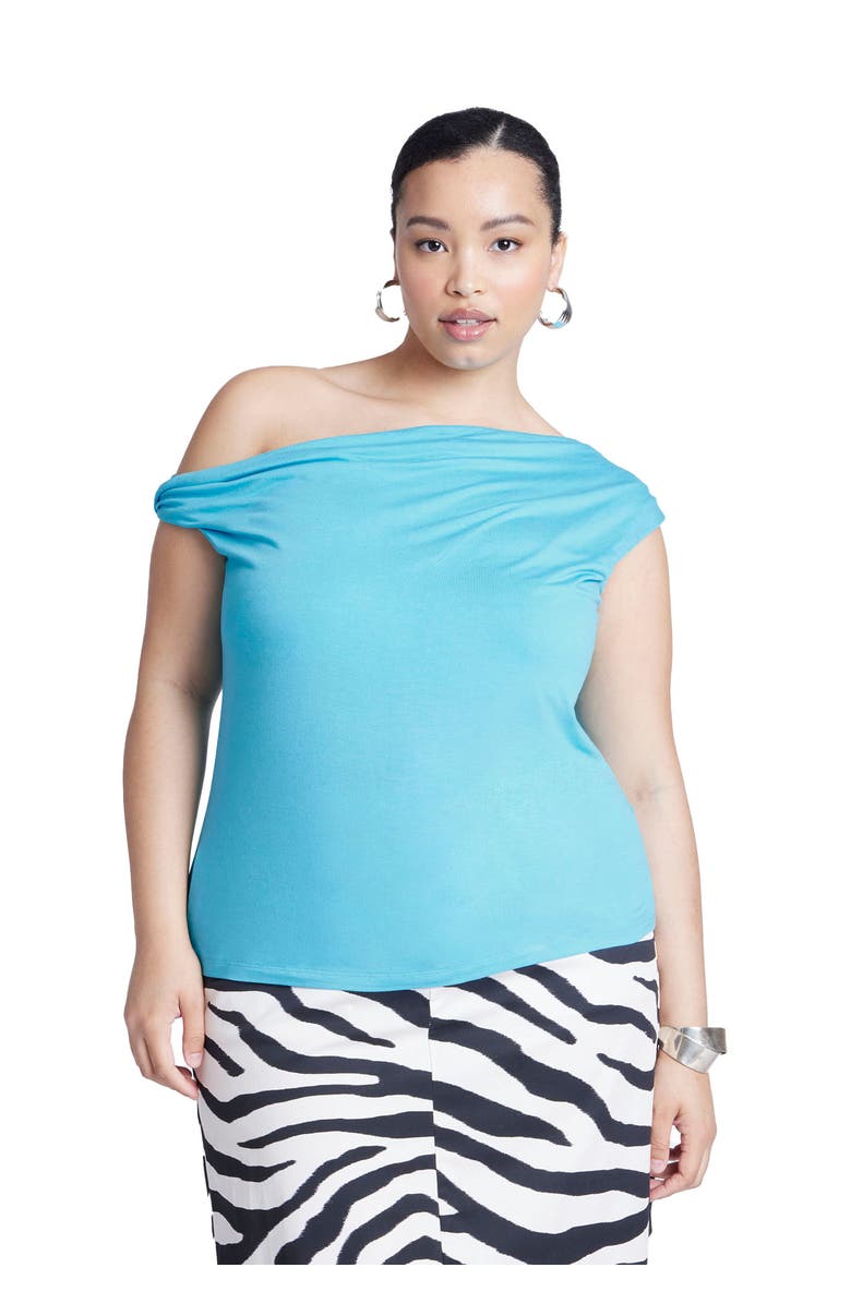 ELOQUII Asym Twist Sleeve Top, Alternate, color, Blue Curacao