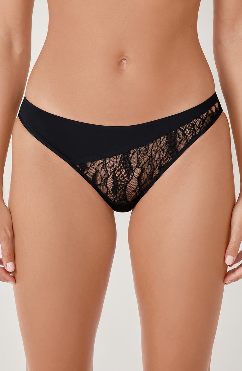 Etam Mysterieuse Lace Trim Panties, Main, color, Black