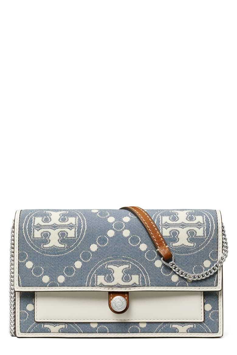 T Monogram Denim Wallet Crossbody, Main, color, PEARL BLUE