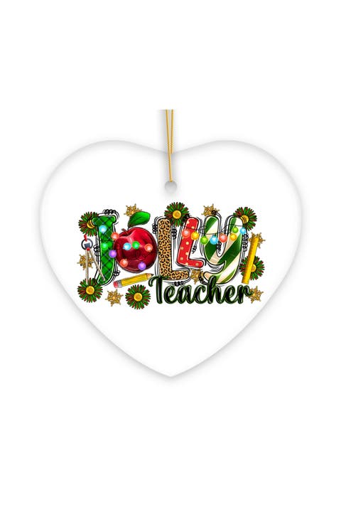 Jolly Teacher Apple And Pencil Heart Ornament