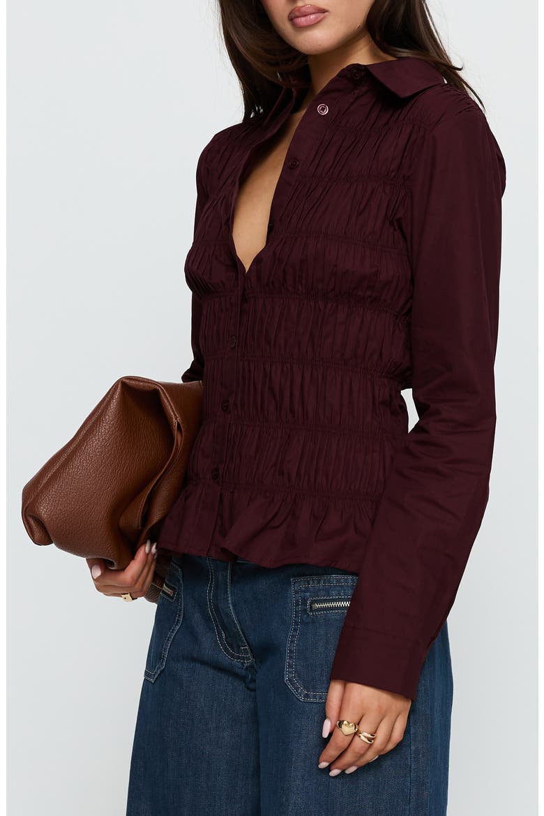Cultivate Smocked Cotton Button-Up Shirt, Alternate, color, PLUM