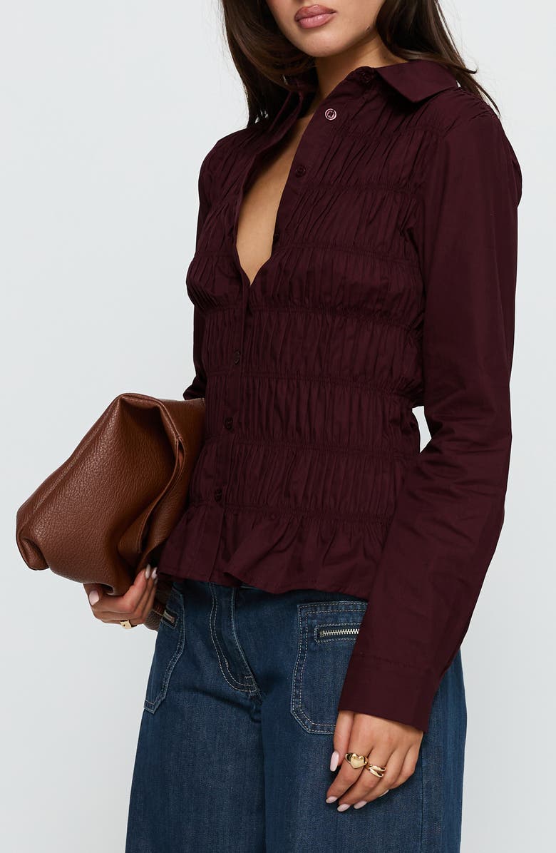 Princess Polly Cultivate Smocked Cotton Button-Up Shirt, Alternate, color, Plum