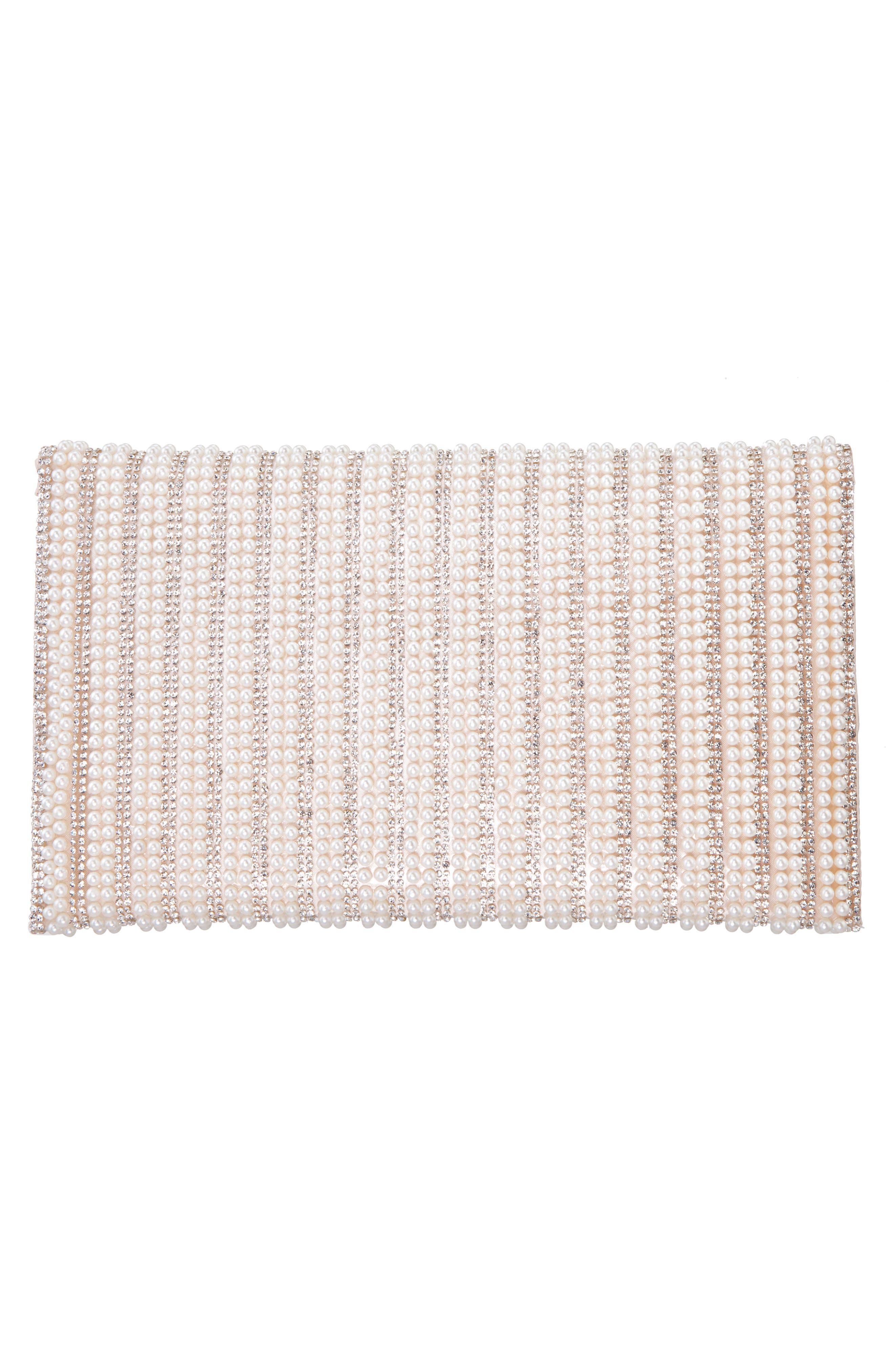 Nina Crystal & Imitation Pearl Embellished Clutch, Alternate, color, White