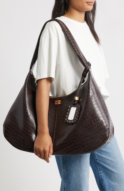 Ganni Xxl Bou Croc Embossed Hobo Bag In Brown