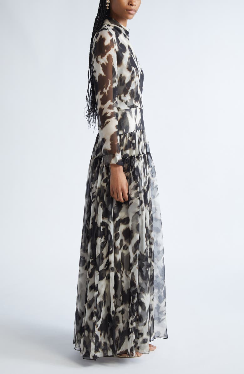 Oscar de la Renta Cow Print Long Sleeve Sheer Silk Dress, Alternate, color, Ecru/ Black