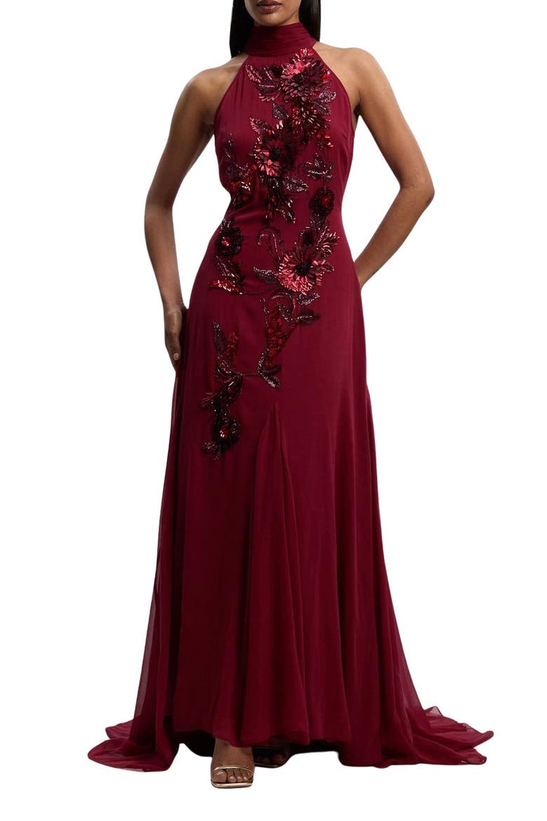 Petite Feather Halter Maxi Dress, Alternate, color, Wine
