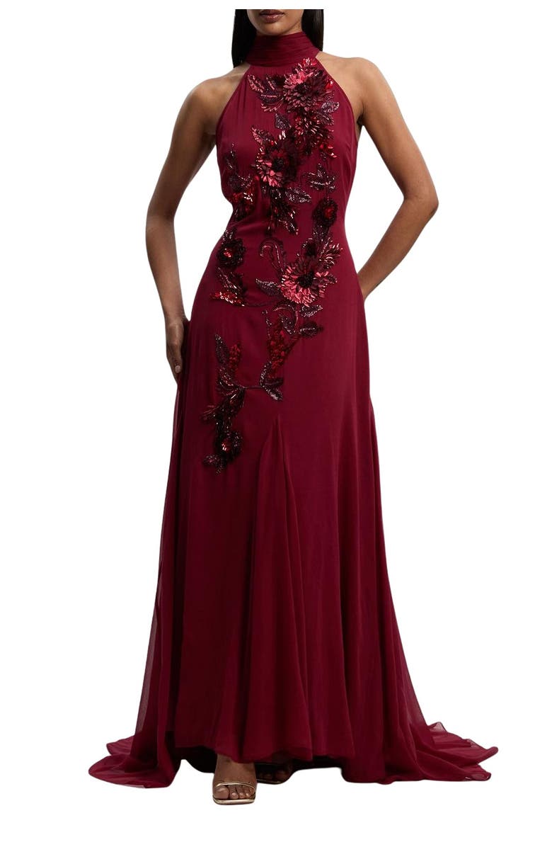 Karen Millen Petite Feather Halter Maxi Dress, Alternate, color, Wine