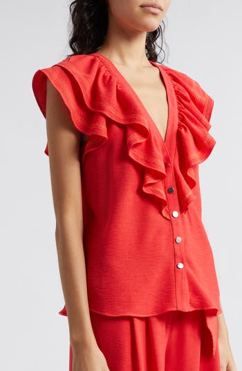 Ramy Brook Lettie Ruffle Detail Button-up Shirt In Flame