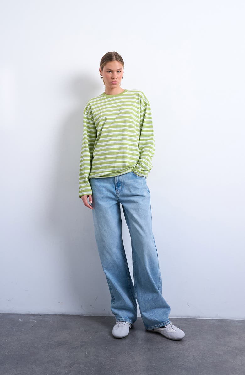 Topshop Skater Stripe Oversize Long Sleeve Cotton T-Shirt, Alternate, color, Mint Green