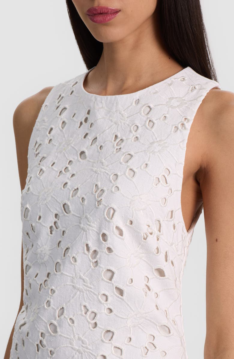 Alice + Olivia Clyde Eyelet Sleeveless Denim Shift Minidress, Alternate, color, Off White