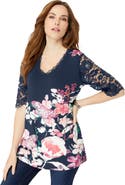 Roaman's Plus Size Lace Sleeve Printed Tee