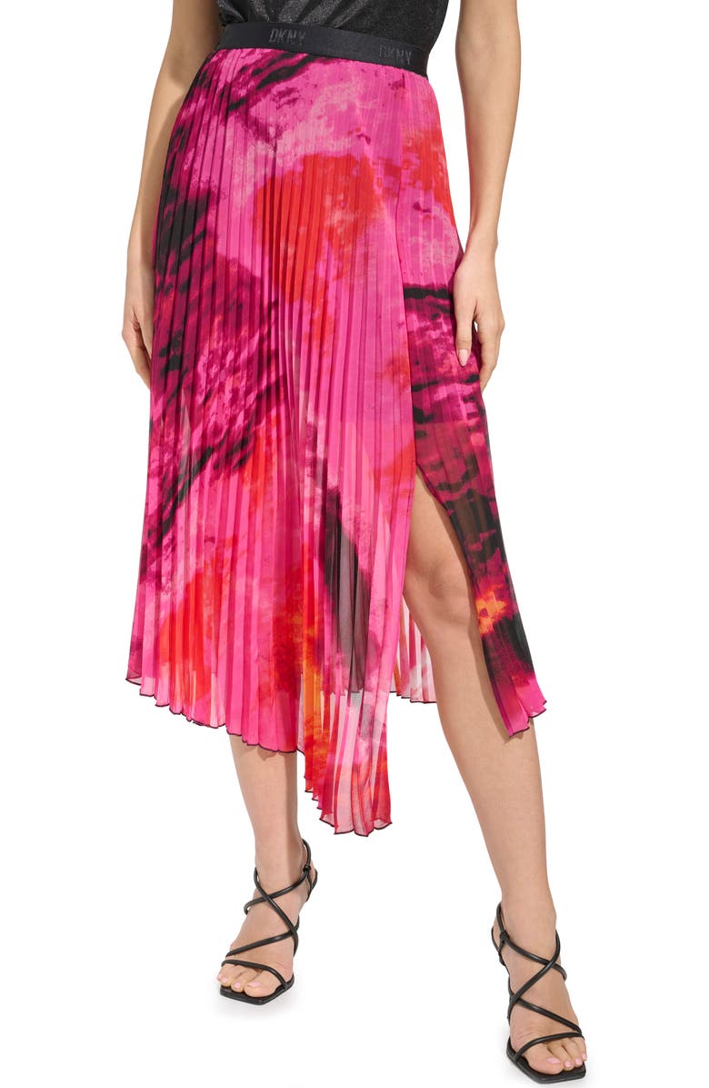 DKNY Print Pleated Asymmetric Midi Skirt, Main, color,
