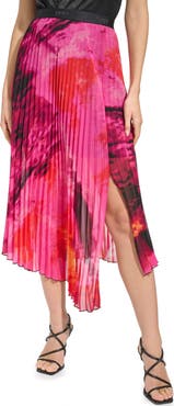 DKNY Print Pleated Asymmetric Midi Skirt