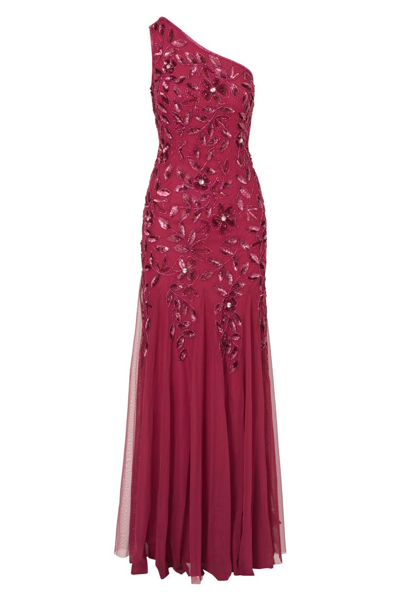 Beaded Mesh One-Shoulder Gown, Alternate, color, SHIRAZ