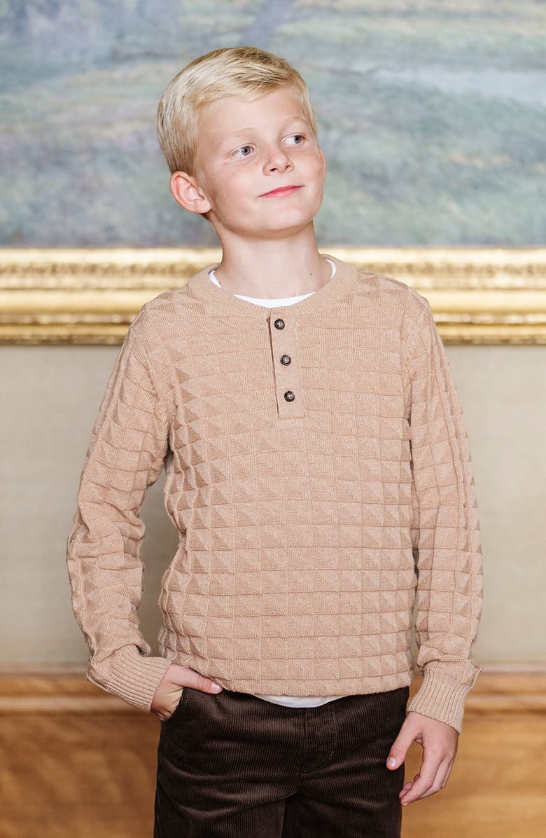 Hope & Henry Kids' Organic Long Sleeve Henley Pullover Sweater with Elbow Patches, Alternate, color, Camel Heather Grid
