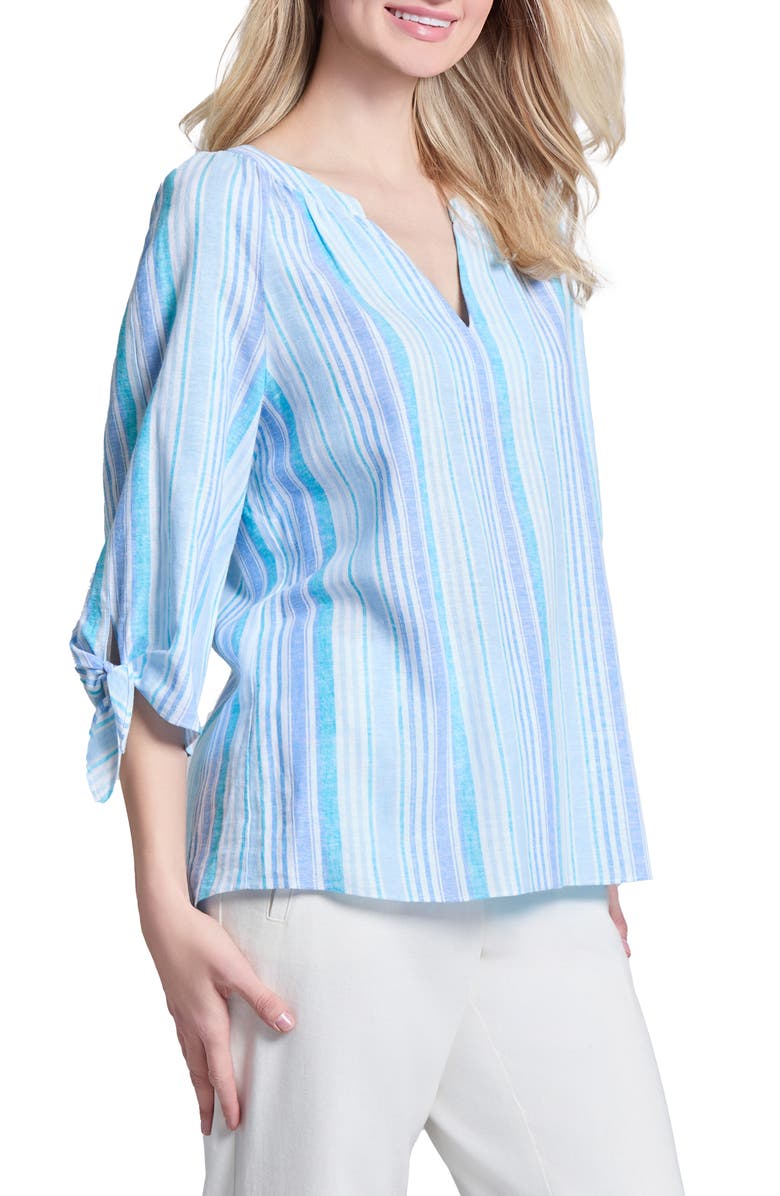 Jones New York Stripe Three Quarter Sleeve Linen Blend V-Neck Top, Alternate, color, 