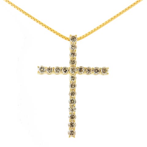 Silver 1.0 Cttw Champagne Diamond Gold Cross Pendant Necklace for Women- 18 inch