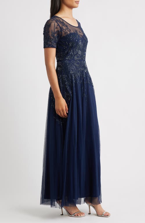 Pisarro Nights Embellished Illusion Neck Gown In Blue
