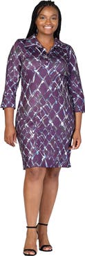 24seven Comfort Apparel Plus Size  Purple Geometric Print Three Quarter Sleeve Collar Mini Dress