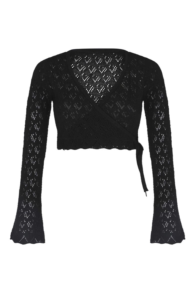 Kaia Openwork Crochet Crop Cover-Up Sweater, Alternate, color, BLACK