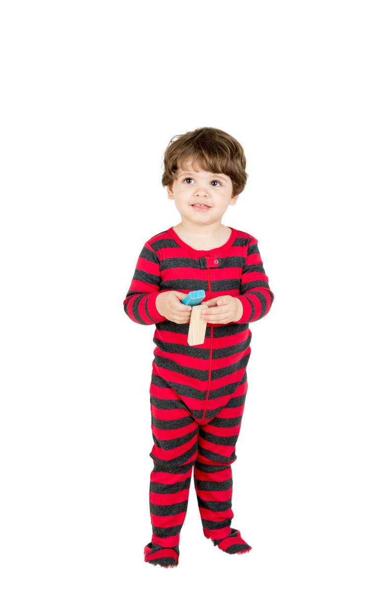 Leveret Footed Printed Cotton Pajamas, Solids, Stripes & Tie Dye, Main, color, Striped Red & Gray