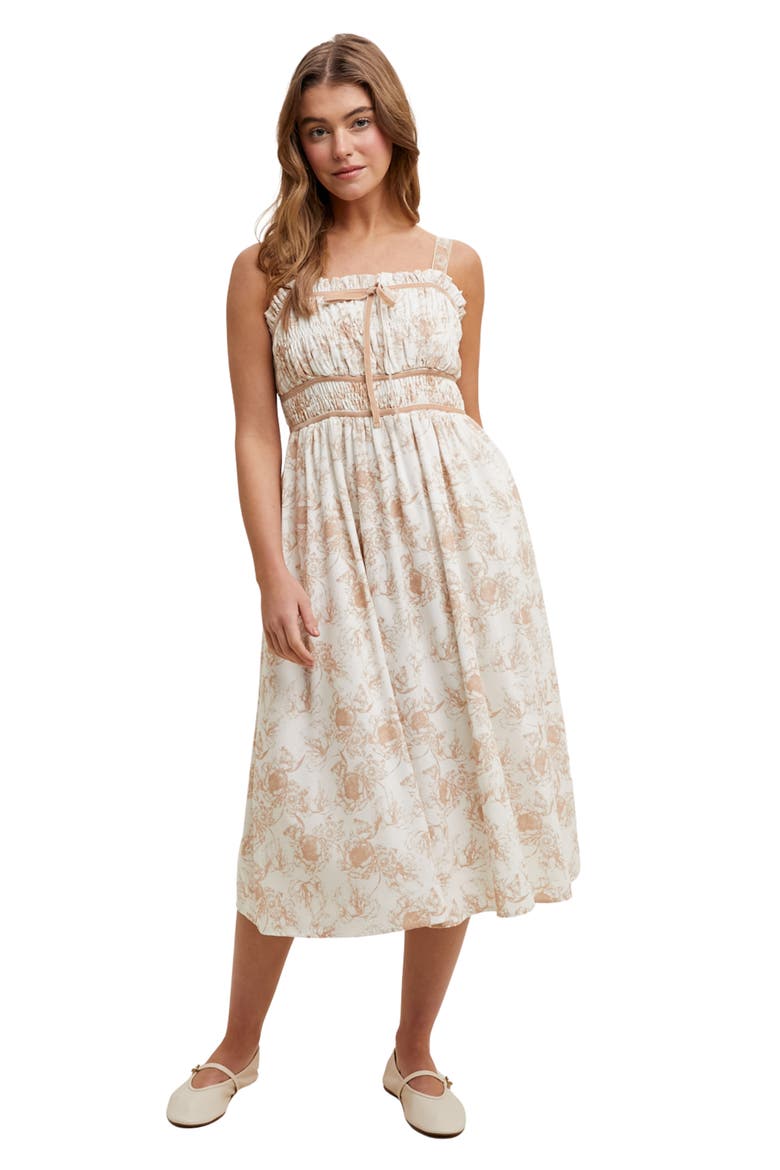Floral Ruched Midi Dress, Alternate, color, TAUPE/ WHITE