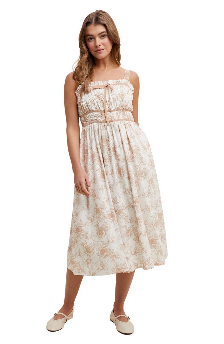 WISHLIST Floral Ruched Midi Dress, Alternate, color, Taupe/ White