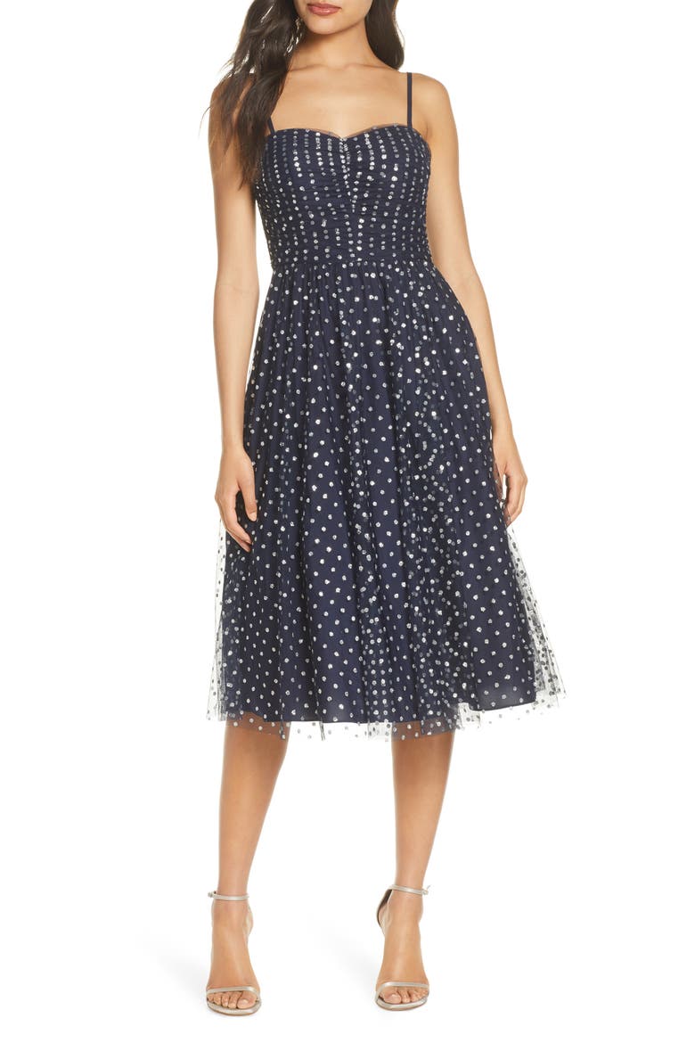 Glitter Mesh Fit & Flare Cocktail Dress, Main, color, NAVY