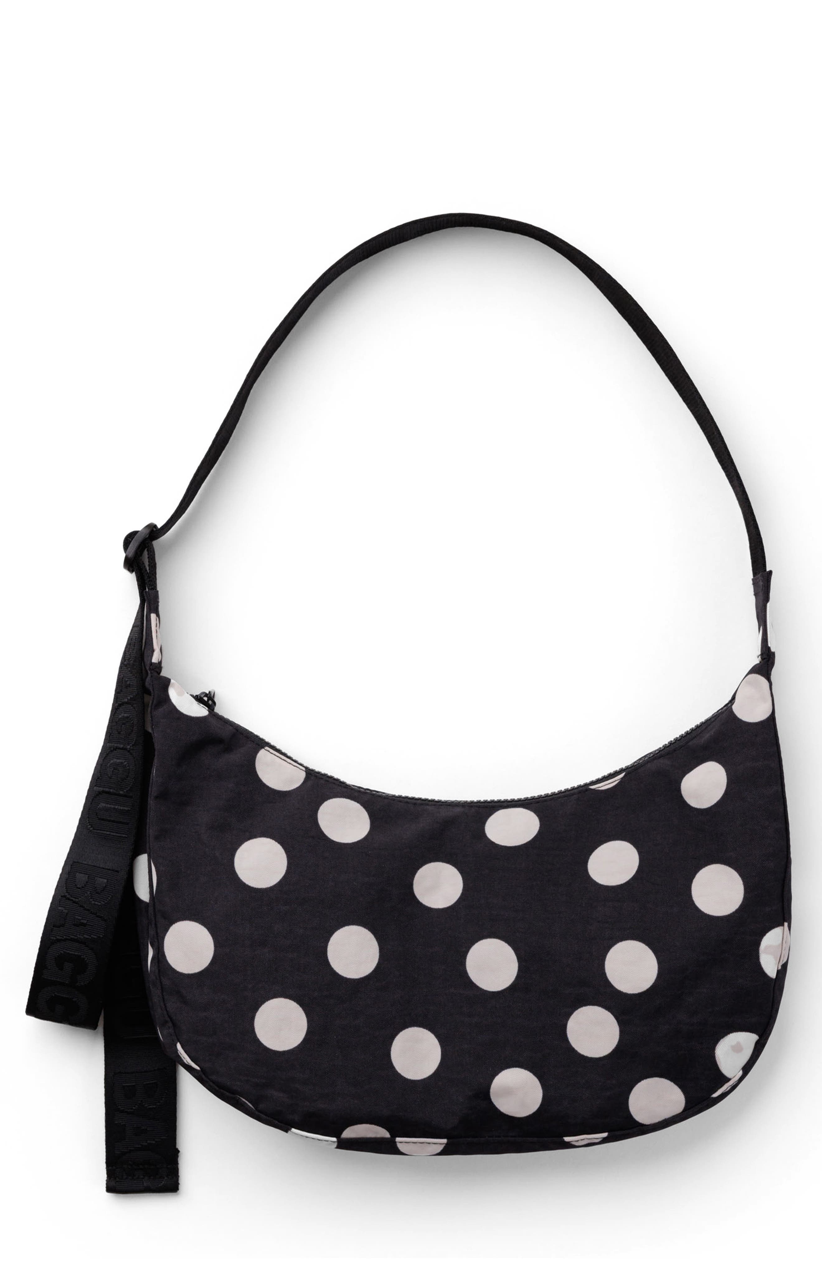 Medium Nylon Crescent Bag, Main, color, BLACK AND CREAM POLKA DOT