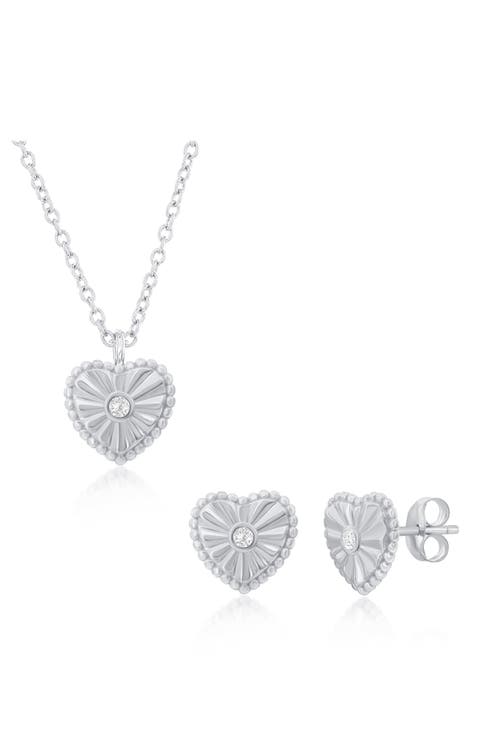 Cubic Zirconia Heart Necklace & Stud Earrings Set