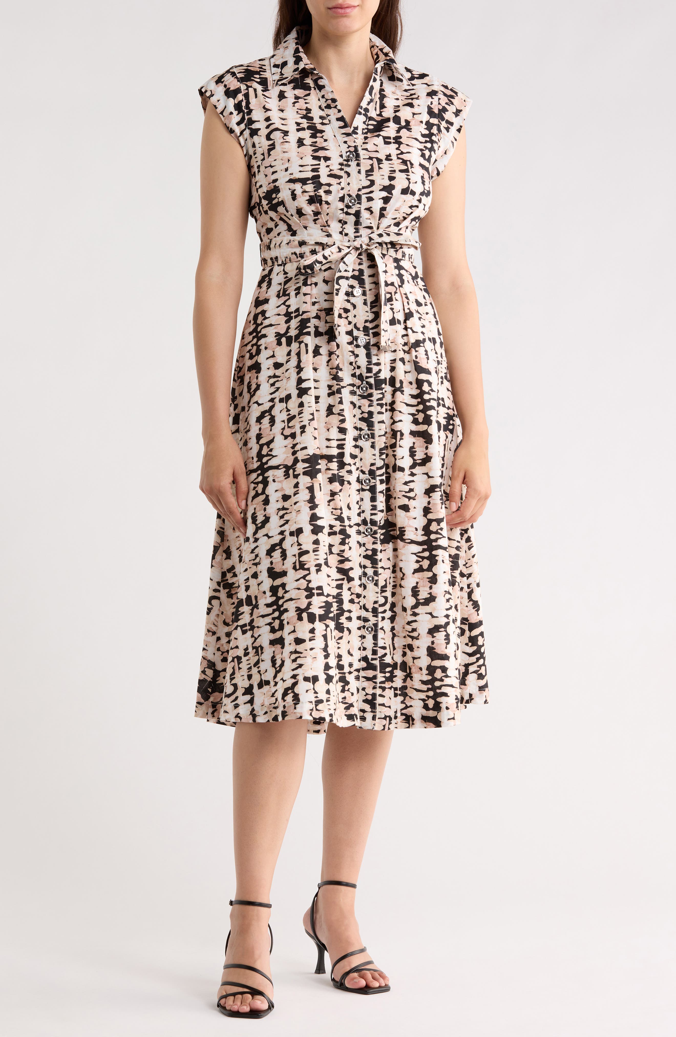 DKNY Extended Cap Sleeve Belted Shirtdress