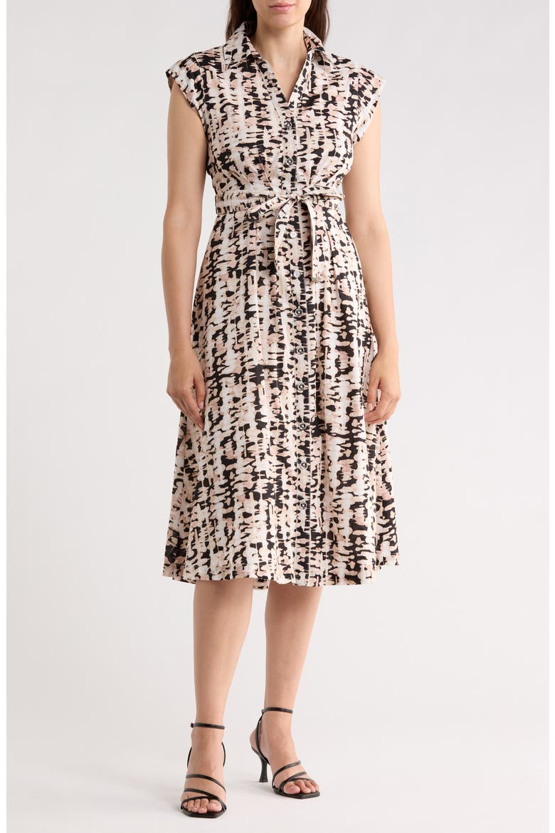 Extended Cap Sleeve Belted Shirtdress, Main, color, BLACK MULTI