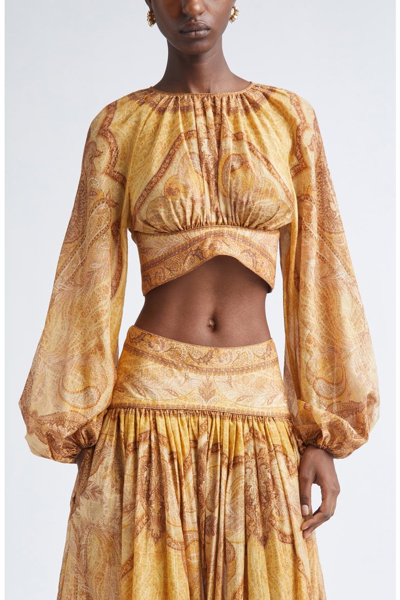 Wanderlust Metallic Paisley Cotton & Silk Crop Top, Main, color, TAPESTRY MUSTARD MULTI