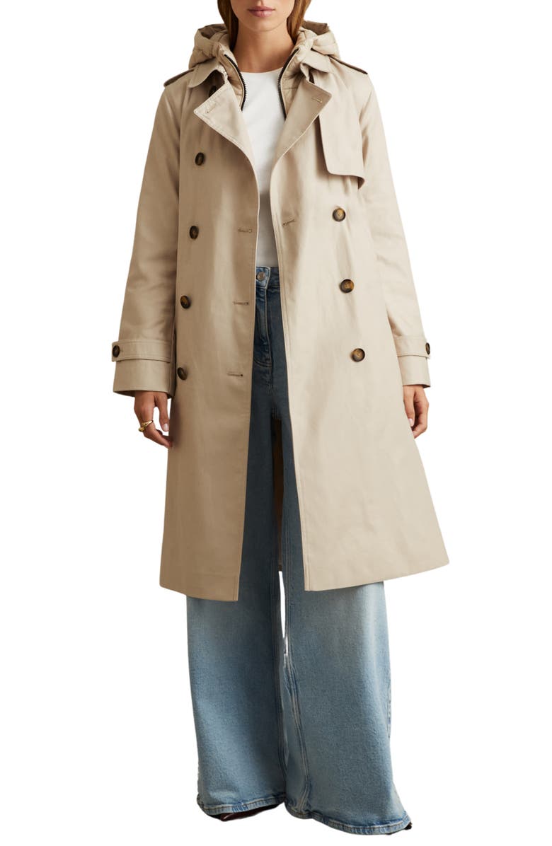 Reiss Azura Trench Coat with Removable Quilted Hood, Main, color, Stone