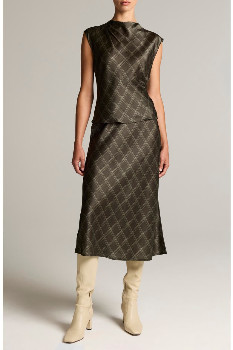 Diamond Plaid Draped Silk Top, Alternate, color, DARK MOSS/ SAGE