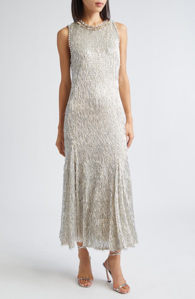 Cinq à Sept Izara Sequin Beaded Dress, Main, color, Silver
