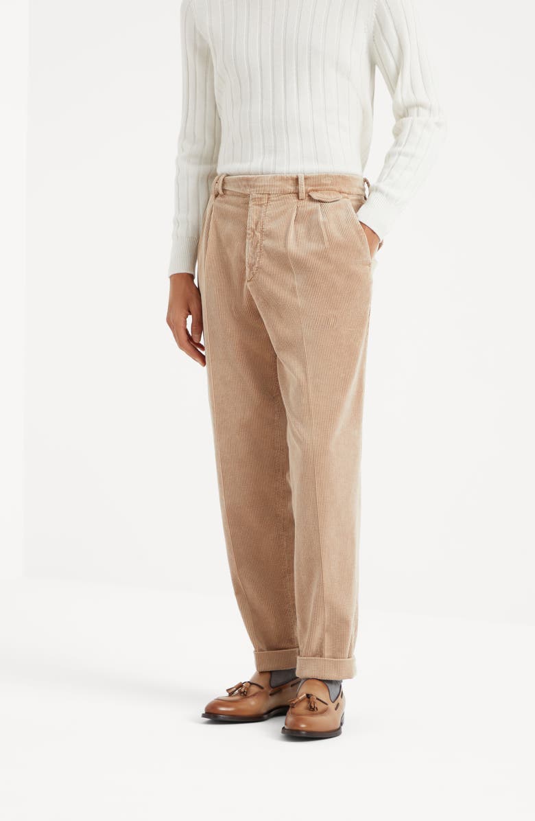 Brunello Cucinelli Garment-dyed leisure fit trousers in cotton corduroy with double pleats and tabbed waistband, Alternate, color, 