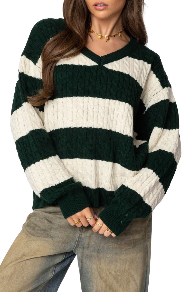 EDIKTED Stripe Oversized Cable Knit Sweater, Main, color, Green