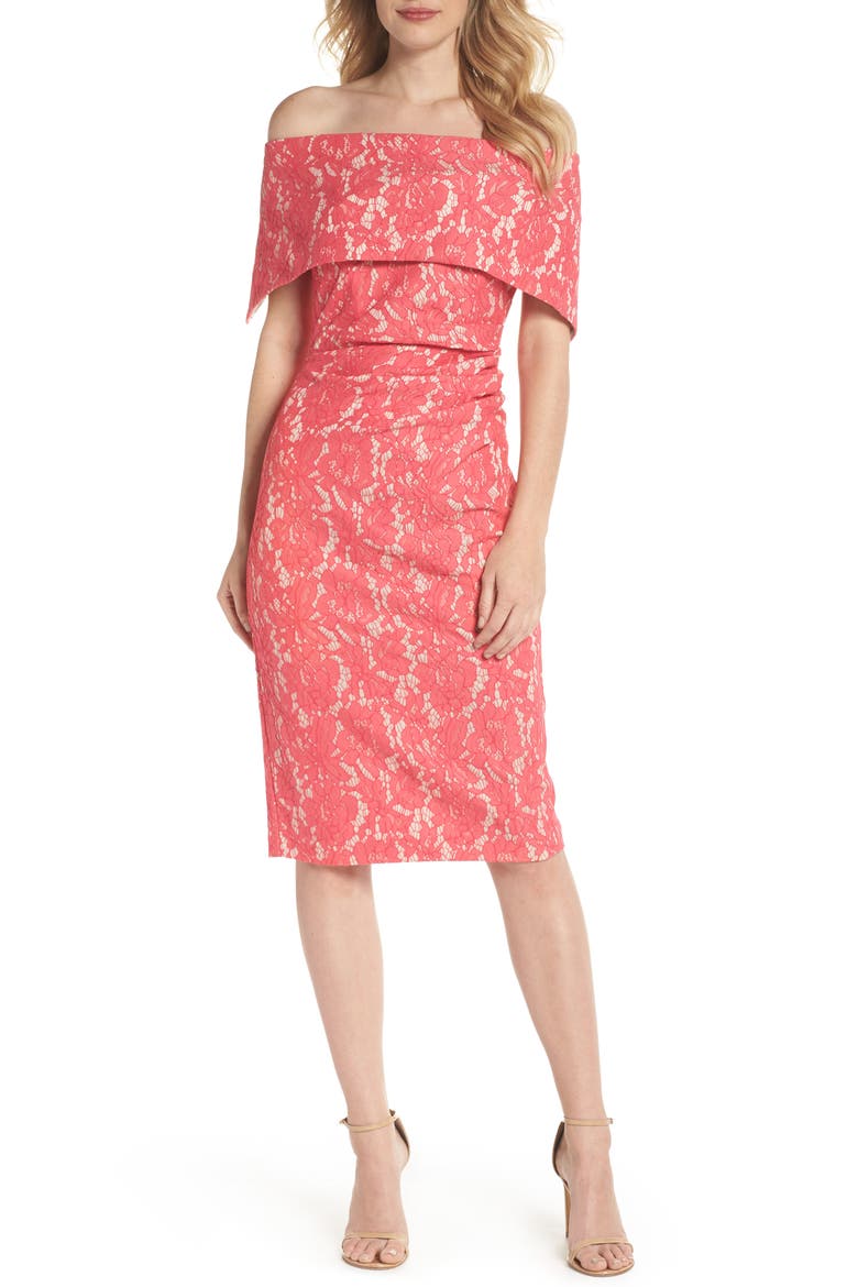 Off the Shoulder Lace Sheath Dress, Main, color, FUCHSIA