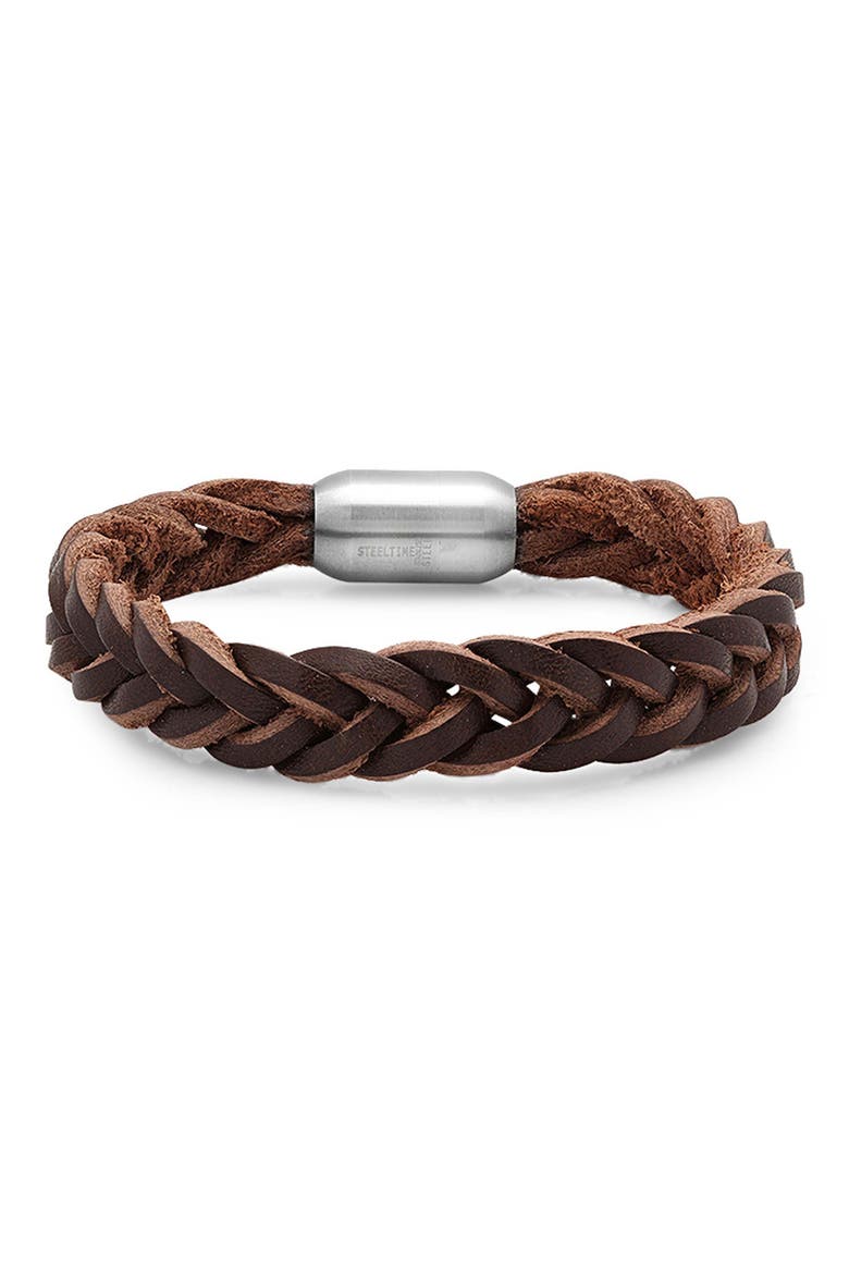 Men's Braided Leather Bracelet, Main, color, BROWN