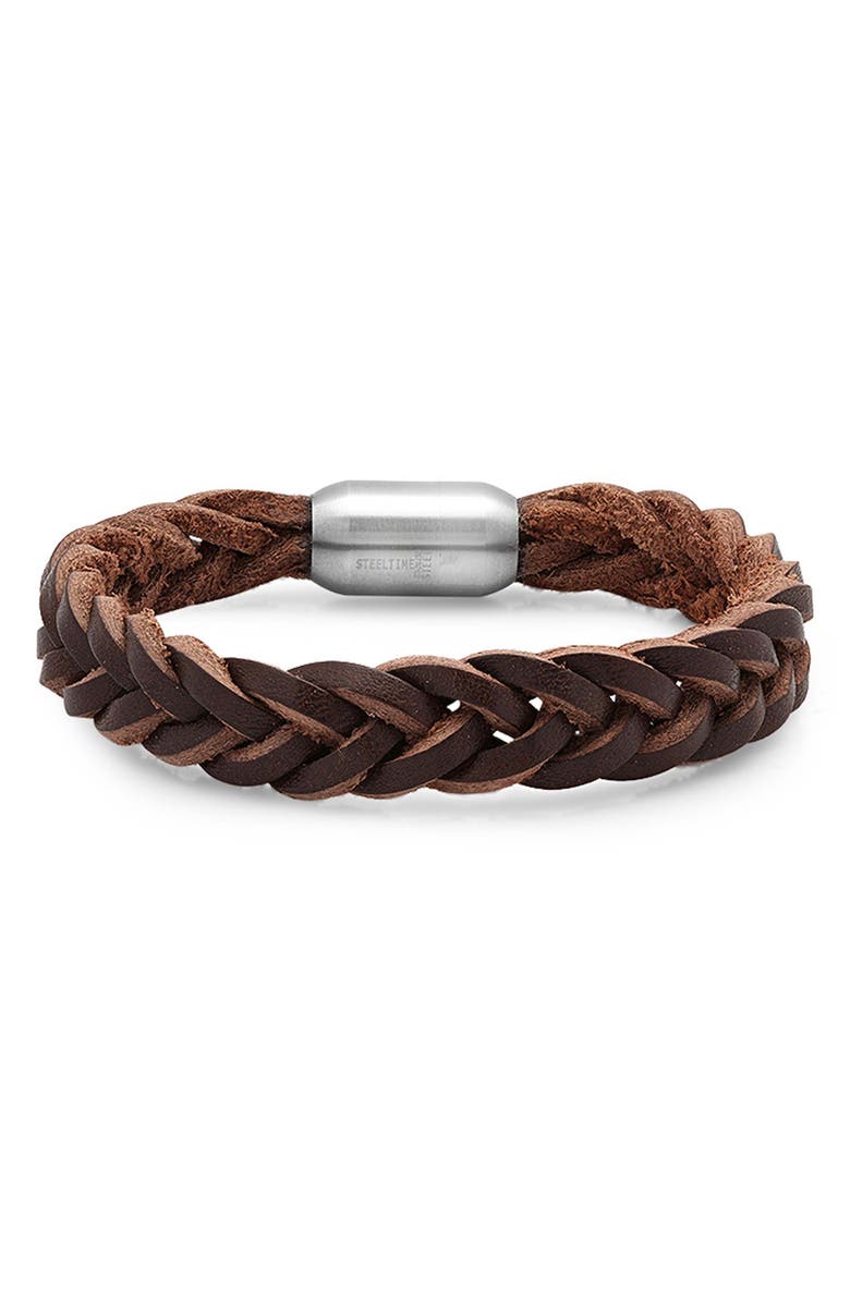 STEELTIME Men's Braided Leather Bracelet, Main, color, Brown