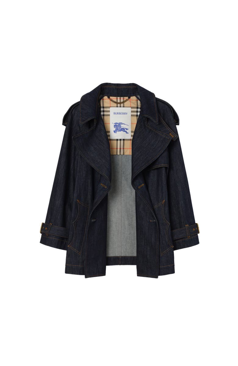Burberry Short Denim Fitzrovia Trench Coat, Alternate, color, Dark Indigo