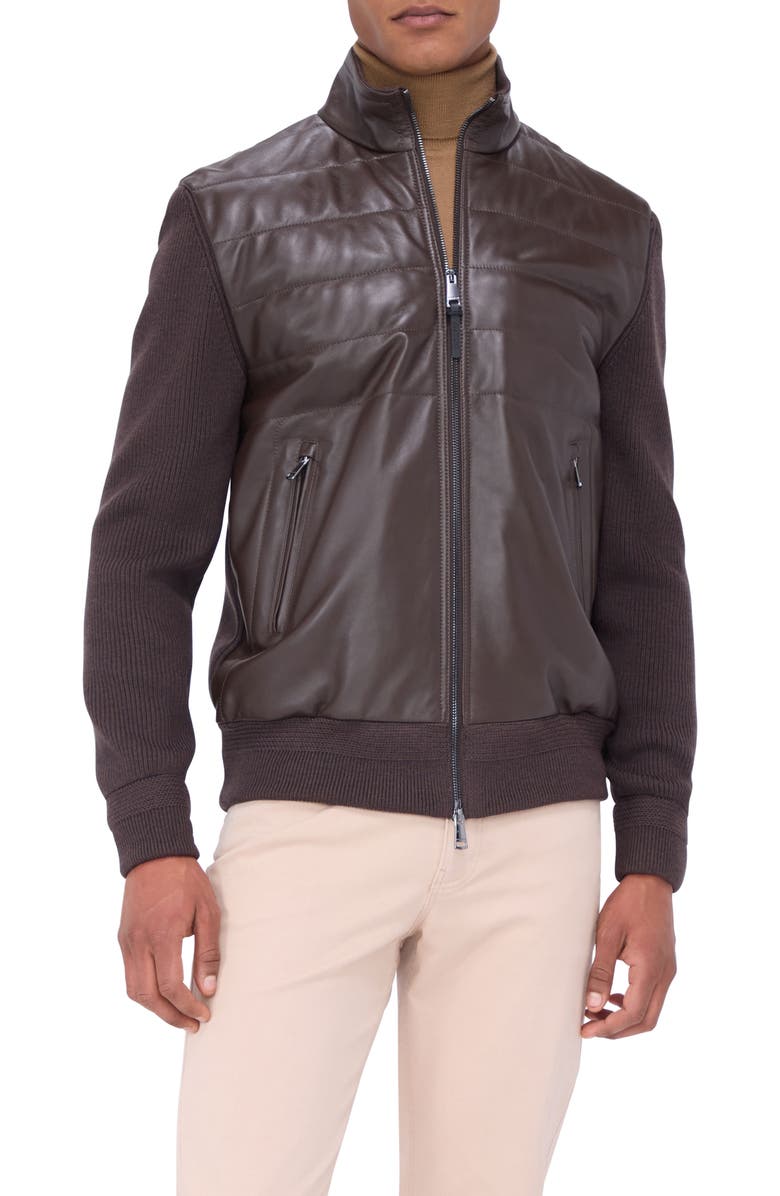 Bugatchi Mixed Media Bomber Jacket, Main, color, Truffle