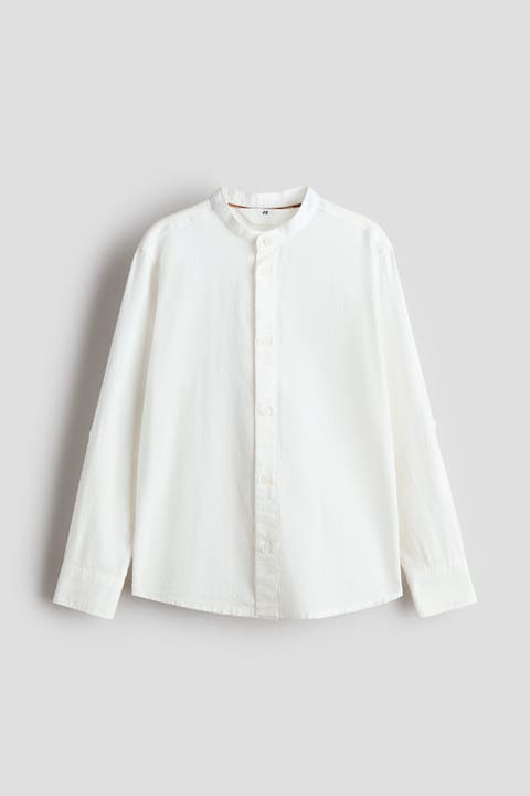 Linen-blend band collar shirt