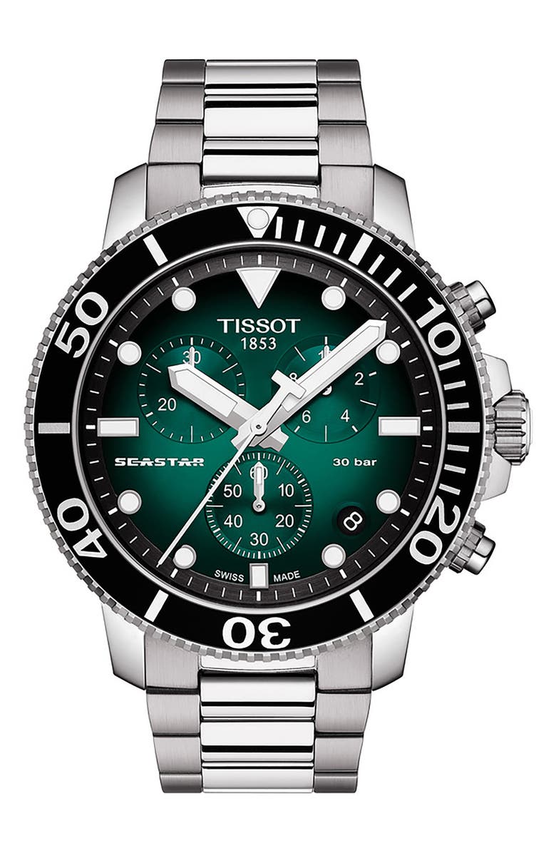Tissot Seastar Chronograph Bracelet Watch, 45.5mm, Main, color, Green Gradient