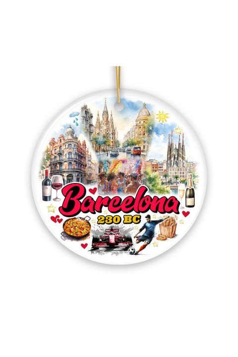 Barcelona Watercolor Landmarks Round Ceramic Ornament