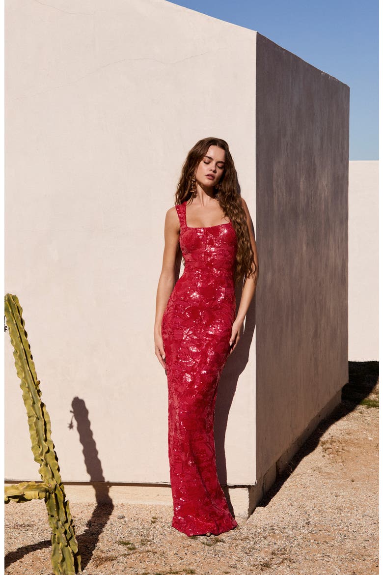 Iris Floral Sequin Gown, Alternate, color, STRAWBERRY