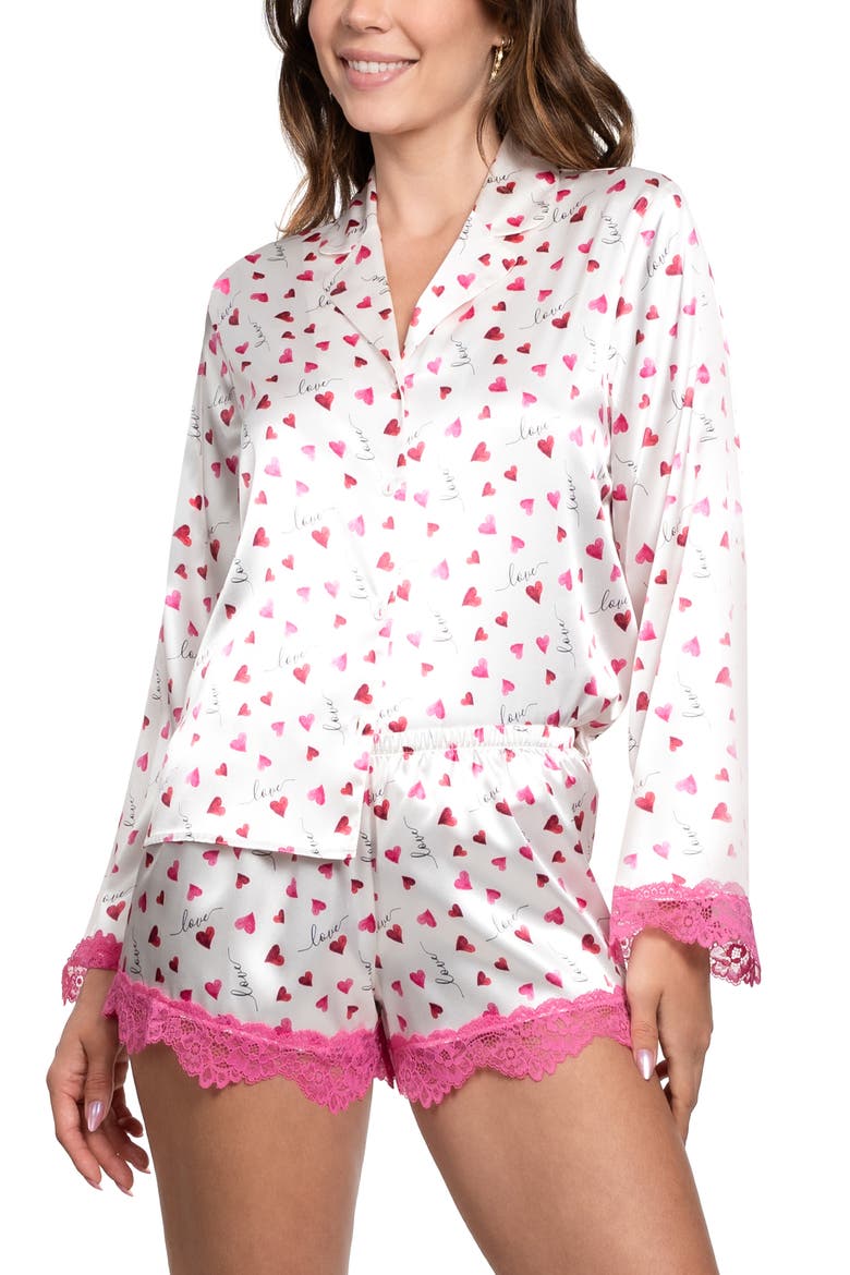 Alyssa Heart Print Satin Pajamas, Alternate, color, IVORY
